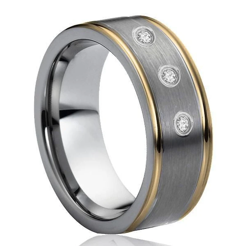 Men's tungsten 8mm ring with stones and gold edges