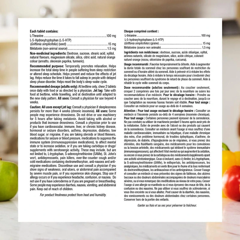 Webber Naturals® Melatonin plus L-Theanine + 5-HTP, Tropical Fruit Flavour, 40 Chewable Tablets