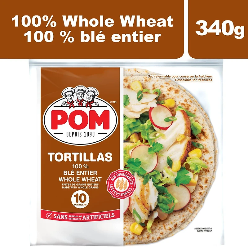 Tortillas de blé entier à 100 % POMᴹᴰ, format moyen 340g