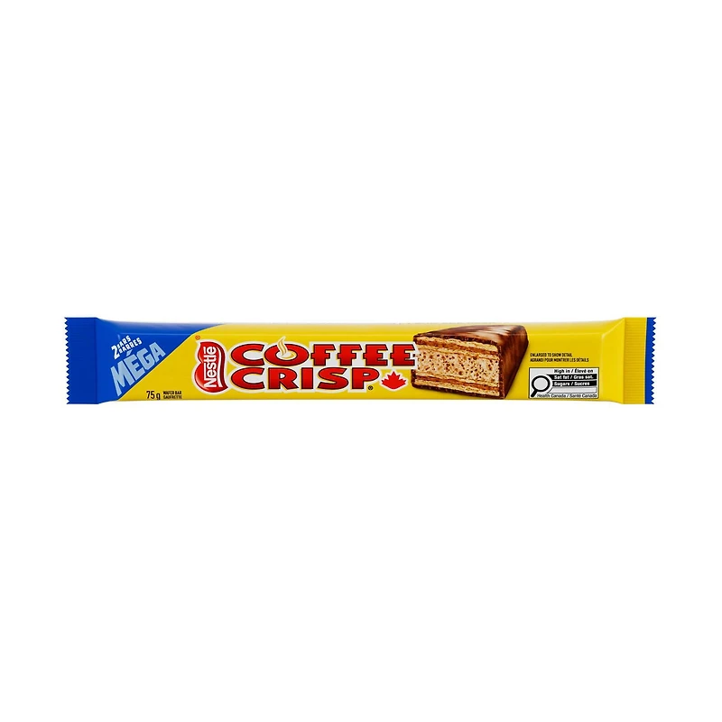 COFFEE CRISP Mega Wafer Bars, 2 bars in 1 pack, Layers of coffee crème and crispy wafers in a chocolatey coating, Prepared in Canada, Natural flavours, 75 g