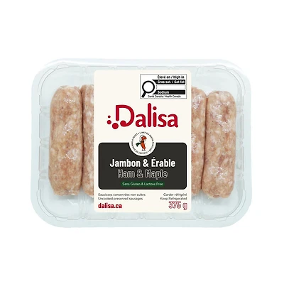 Saucisses de porc au jambon et à l’érable Dalisa 375, 6 Saucisses Saucisses de porc au jambon et à l’érable