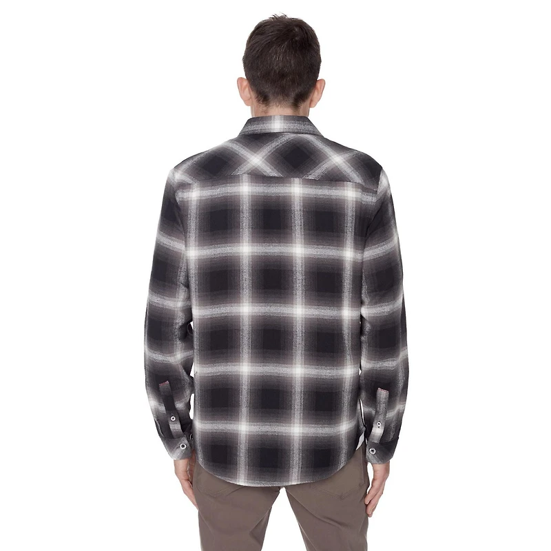 Dark Black Men's Long-Sleeve Plaid Button-Down Shirt with Pockets