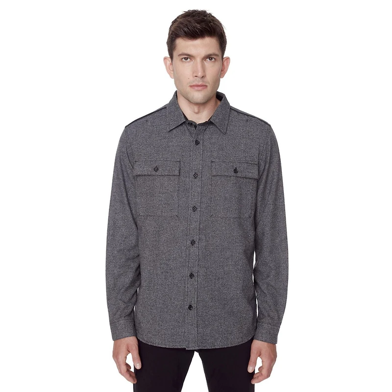 Dark Black Men's Long-Sleeve Button-Down Shirt with Pockets