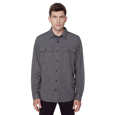 Dark Black Men's Long-Sleeve Button-Down Shirt with Pockets