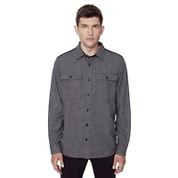 Dark Black Men's Long-Sleeve Button-Down Shirt with Pockets