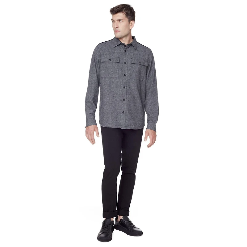Dark Black Men's Long-Sleeve Button-Down Shirt with Pockets