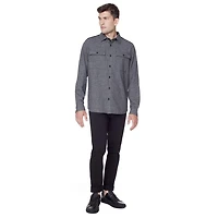 Dark Black Men's Long-Sleeve Button-Down Shirt with Pockets