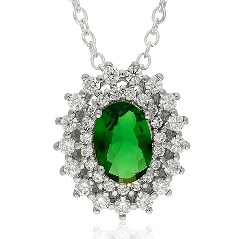 Quintessential Sterling Silver White Cz +Center Green Glass Pendant on 18" chain