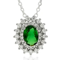 Quintessential Sterling Silver White Cz +Center Green Glass  Pendant on 18" chain