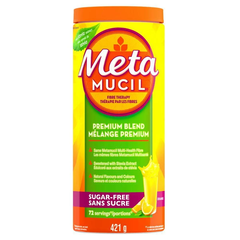 Metamucil Premium Blend, Psyllium Fibre Powder Supplement, Sugar-Free with Stevia, Natural Orange Flavor, 72 Servings (414 g)