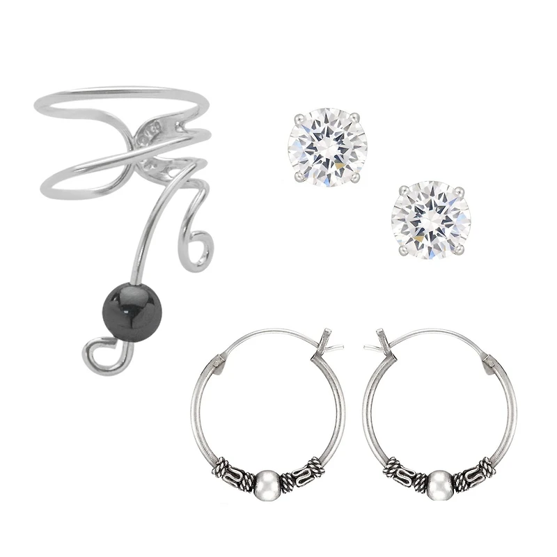 Quintessential Sterling  Silver Shortw/ Hematite Gem Ball  Right+ 4 Mm Cz + Bali Hoop