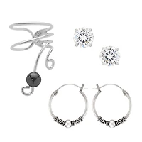 Quintessential Sterling  Silver Shortw/ Hematite Gem Ball  Right+ 4 Mm Cz + Bali Hoop