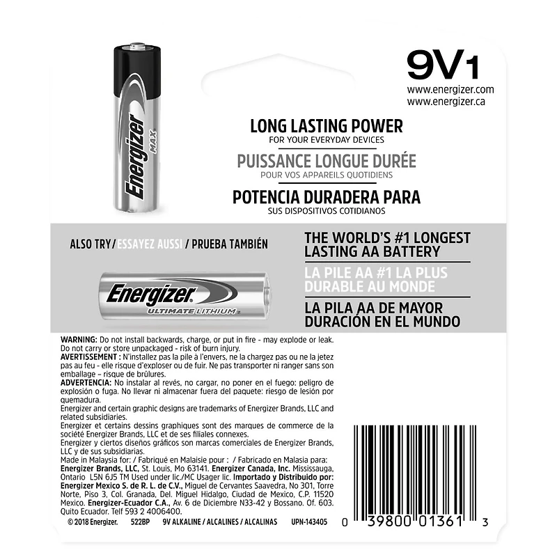 Piles alcalines 9 V Energizer MAX Pile unique