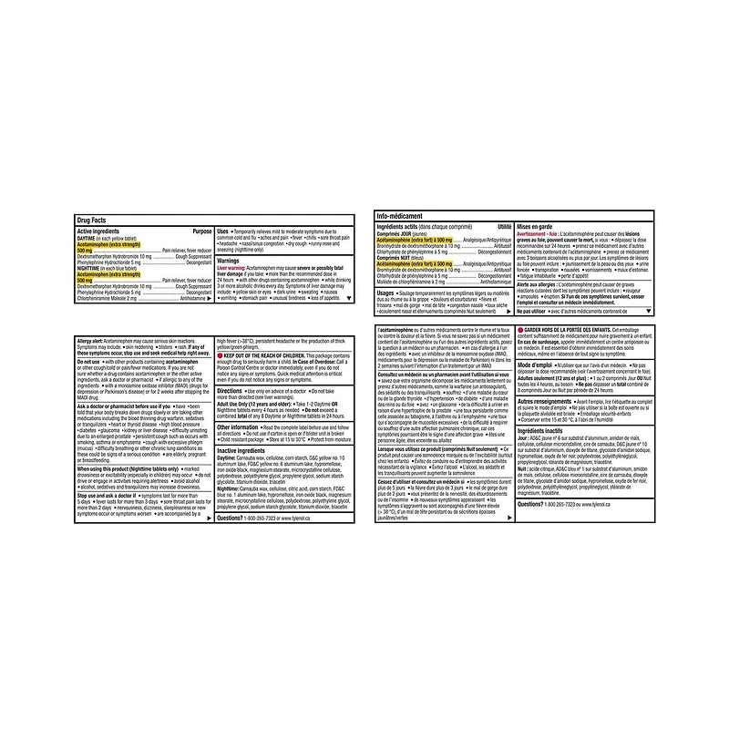 Tylenol Extra fort, Rhume, Duo pratique Jour/Nuit, soulage les symptômes de rhume 40 comprimés