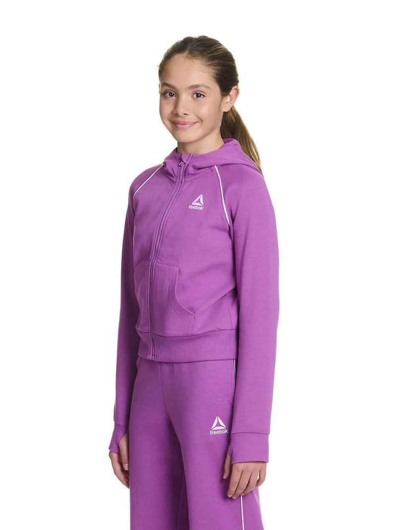 Reebok Girls "Starter" Zip-Up Cropped Hoodie with Piping and Pockets