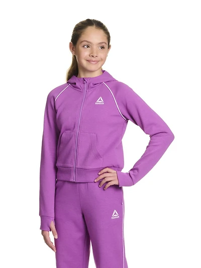 Reebok Girls "Starter" Zip-Up Cropped Hoodie with Piping and Pockets