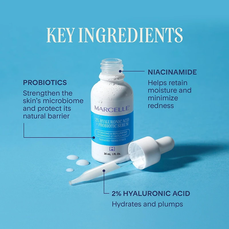 Marcelle Sérum 2 % acide hyaluronique + probiotique Hydratant et repulpant, 30 mL