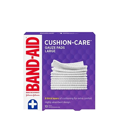 Compresses de gaze stériles Protection coussinée de marque BAND-AID® pour protéger les coupures, égratignures et brûlures mineures; compresses non adhérentes et emballées individuellement, grande taille, 10,2 cm x 10,2 cm