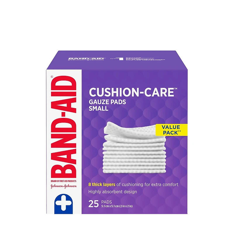 Compresses de gaze stériles Protection coussinée de marque BAND-AID® idéales pour les coupures, égratignures et brûlures mineures; compresses non adhérentes emballées individuellement pour le soin des plaies, petite taille, 5,1 cm x 5,1 cm 25 compresses