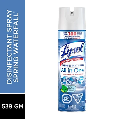 Spray Désinfectant Lysol, Cascade du printemps, Désinfecte et élimine les odeurs sur les surfaces dures et les tissus 539g