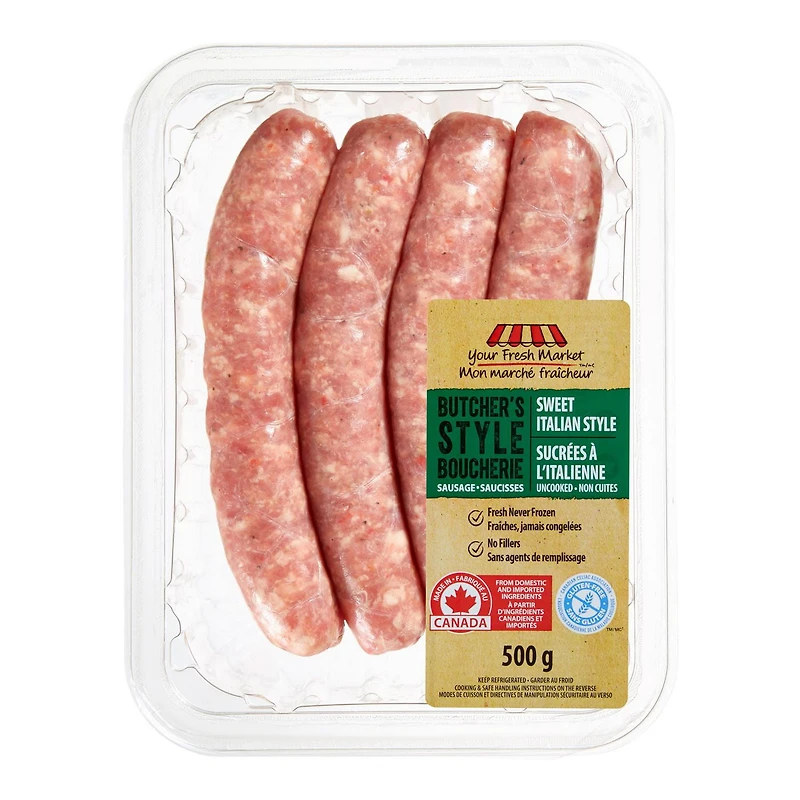 Saucisse à dîner de porc Mon marché fraîcheur au style boucherie sucrée à l'italienne 500g