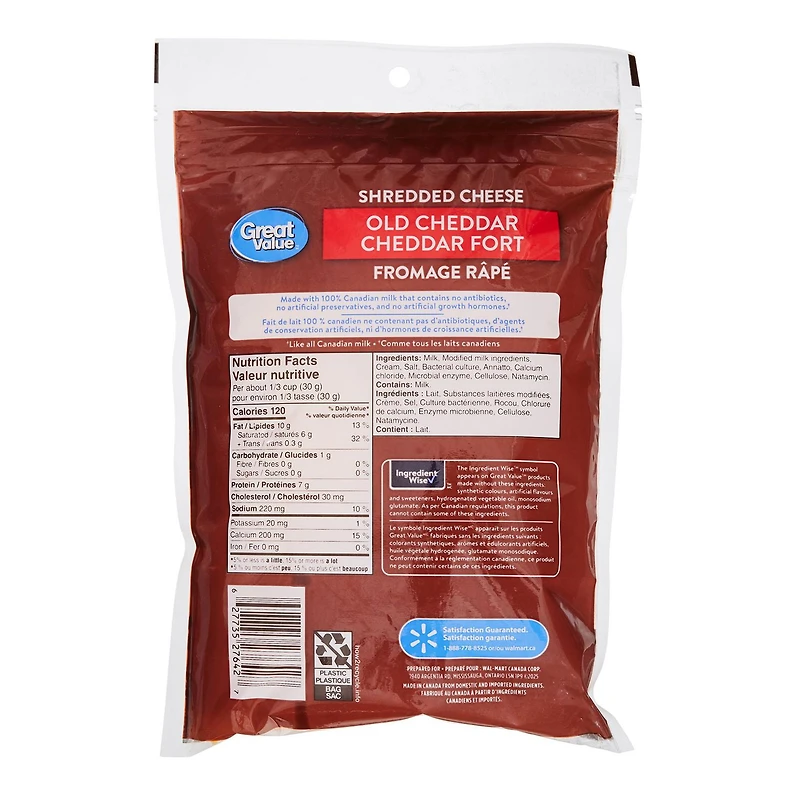 Fromage râpé cheddar fort Great Value 320 g