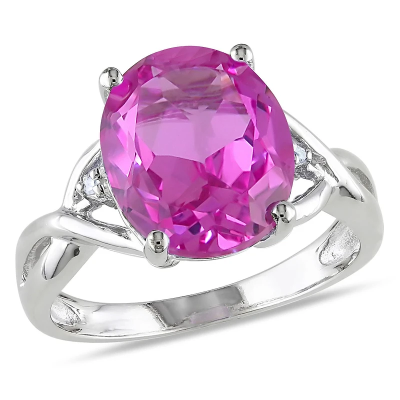 Bague cocktail Tangelo avec saphir rose synthétique de coupe ovale 7-1/2 CT PBT et accents de diamants en argent sterling
