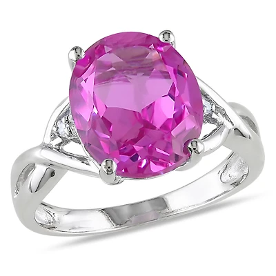 Bague cocktail Tangelo avec saphir rose synthétique de coupe ovale 7-1/2 CT PBT et accents de diamants en argent sterling