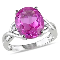 Bague cocktail Tangelo avec saphir rose synthétique de coupe ovale 7-1/2 CT PBT et accents de diamants en argent sterling