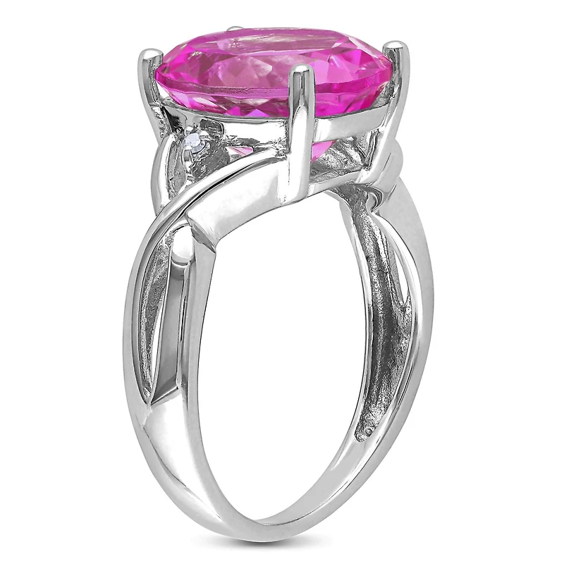 Bague cocktail Tangelo avec saphir rose synthétique de coupe ovale 7-1/2 CT PBT et accents de diamants en argent sterling