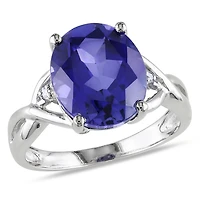 Bague cocktail Tangelo avec saphir bleu synthétique de coupe ovale 7-1/2 CT PBT et accents de diamants en argent sterling