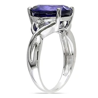 Bague cocktail Tangelo avec saphir bleu synthétique de coupe ovale 7-1/2 CT PBT et accents de diamants en argent sterling