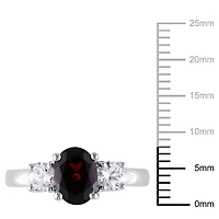 Bague à trois pierres Tangelo avec grenat de coupe ovale et saphirs blancs synthétiques 2 CT PBT en argent sterling