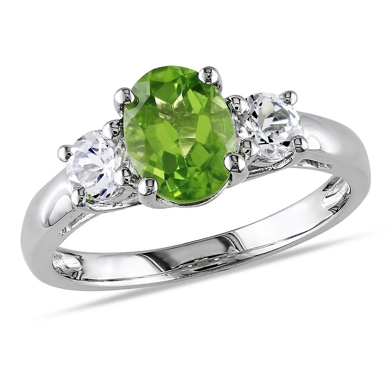 Tangelo 1-7/8 Carat T.G.W. Oval-Cut Peridot and Created White Sapphire Sterling Silver Three-Stone Ring