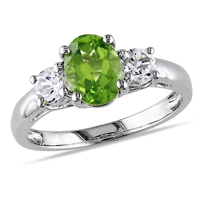 Tangelo 1-7/8 Carat T.G.W. Oval-Cut Peridot and Created White Sapphire Sterling Silver Three-Stone Ring