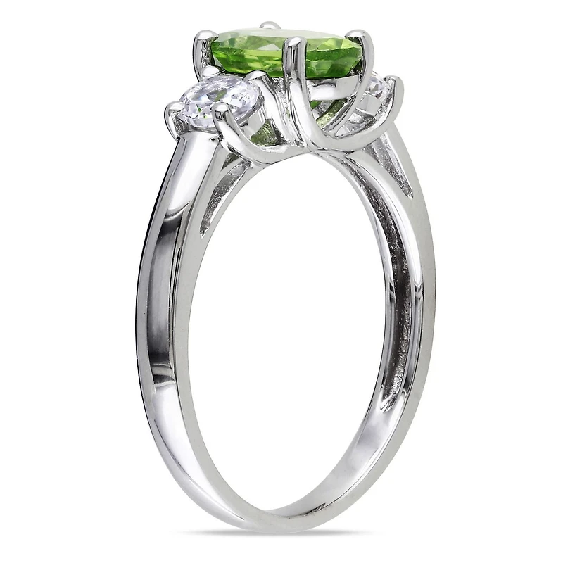 Tangelo 1-7/8 Carat T.G.W. Oval-Cut Peridot and Created White Sapphire Sterling Silver Three-Stone Ring