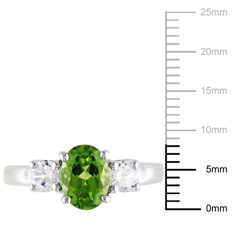 Tangelo 1-7/8 Carat T.G.W. Oval-Cut Peridot and Created White Sapphire Sterling Silver Three-Stone Ring
