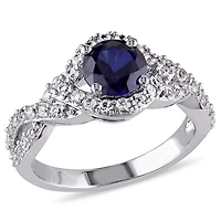 Bague auréole Tangelo avec saphir bleu et blancs synthétiques 2-1/10 CT PBT en argent sterling