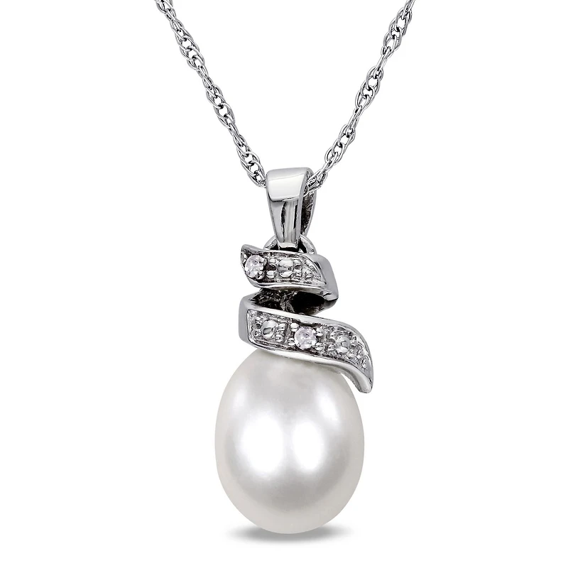 Miabella 6.5-7mm Cultured Freshwater Pearl and Diamond-Accent 10 K White Gold Swirl Pendant, 17"