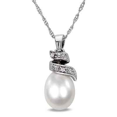Miabella 6.5-7mm Cultured Freshwater Pearl and Diamond-Accent 10 K White Gold Swirl Pendant, 17"