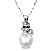 Miabella 6.5-7mm Cultured Freshwater Pearl and Diamond-Accent 10 K White Gold Swirl Pendant, 17"