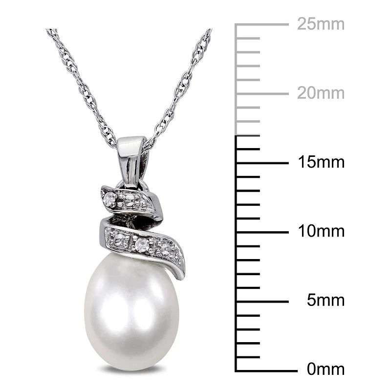 Miabella 6.5-7mm Cultured Freshwater Pearl and Diamond-Accent 10 K White Gold Swirl Pendant, 17"