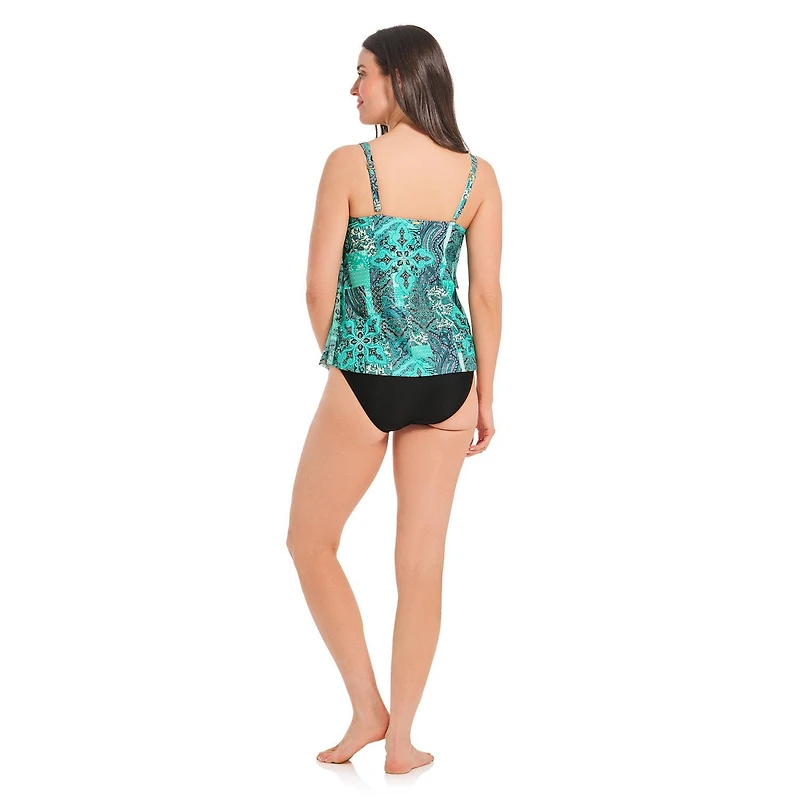 Krista Women's V Neck Mesh Tiered Ruffle Tankini Swim Top
