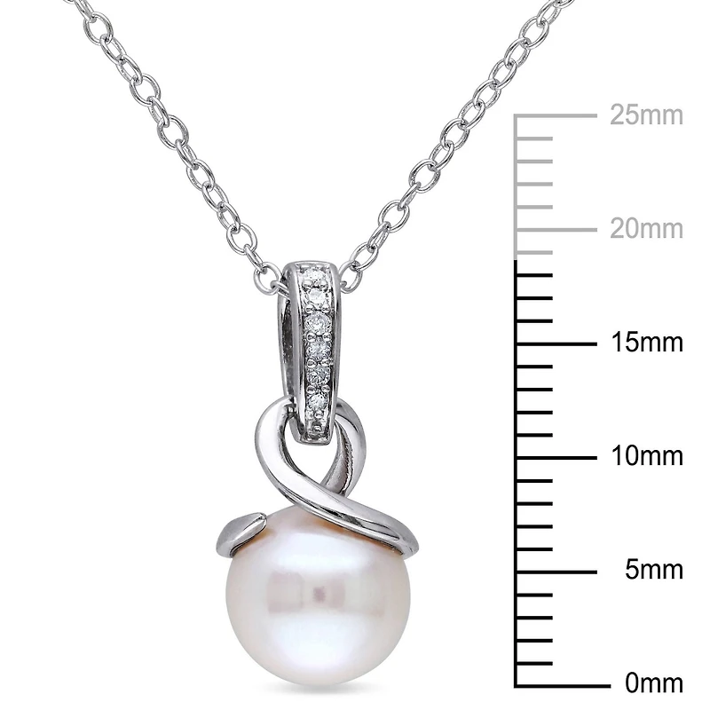 Miabella 8-8.5mm Round White Freshwater Cultured Pearl and Diamond-Accent Sterling Silver Pendant; 18"