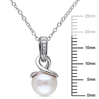 Miabella 8-8.5mm Round White Freshwater Cultured Pearl and Diamond-Accent Sterling Silver Pendant; 18"