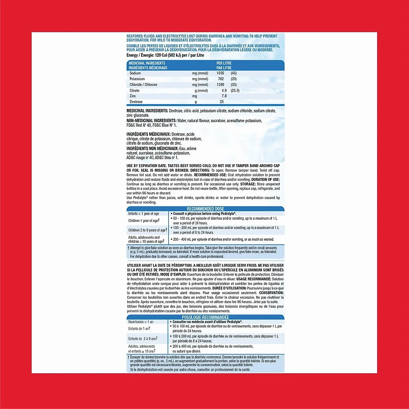Pedialyte, solution de réhydratation orale à base d'électrolytes, fraise, bouteille de 1 L