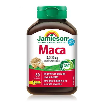 Jamieson High Potency Maca 3,000 mg, Helps to Support Emotional Aspects of Sexual Health and a Healthy Mood Balance. Vegetarian, Non-GMO, Gluten-Free, Only One Per Day, 60 Count, 60 Capsules