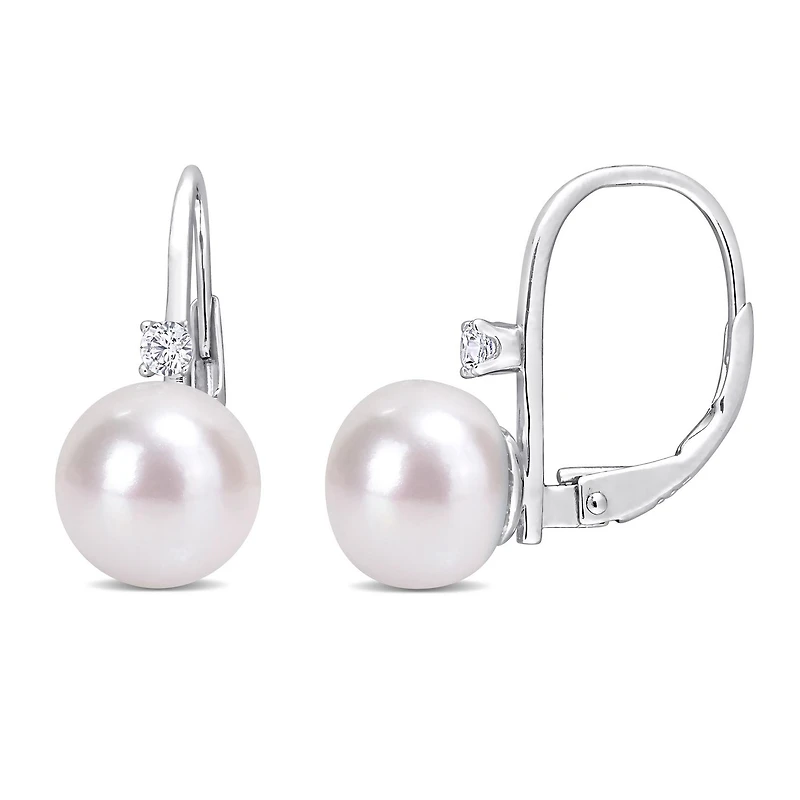 Miabella Freshwater Cultured Pearl and 1/7 Carat T.G.W. Cubic Zirconia Sterling Silver Pearl Drop Earrings