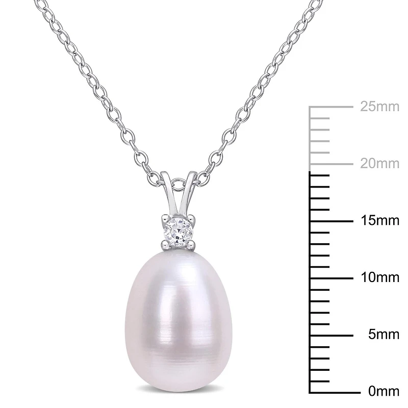 Miabella Freshwater Cultured Pearl and 1/10 Carat T.G.W. Created White Sapphire Sterling Silver Pendant with Chain