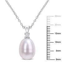 Miabella Freshwater Cultured Pearl and 1/10 Carat T.G.W. Created White Sapphire Sterling Silver Pendant with Chain